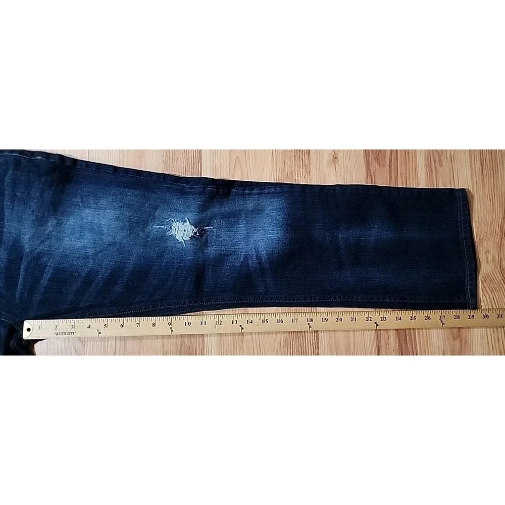 True Craft Men's Straight Leg Jeans 34x3o Blue Wash Distressed Knees EUC